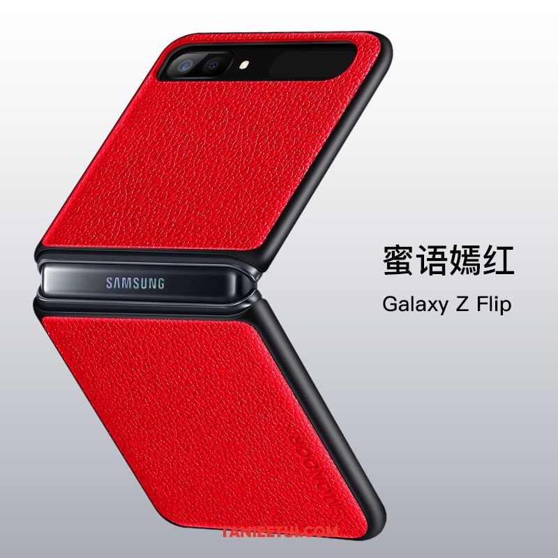 Etui Samsung Z Flip Prawdziwa Skóra Telefon Komórkowy Silikonowe, Futerał Samsung Z Flip Skóra Bydlęca Czerwony Skórzany