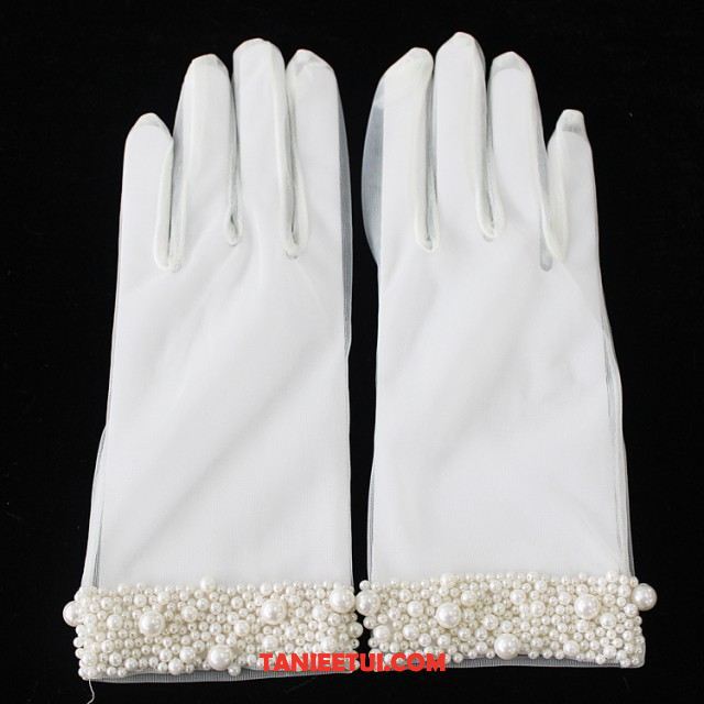 Rękawiczki Damskie Krótki Rhinestone Gazy, Rękawiczki Panna Młoda Perła Ręcznie Robione Weiß