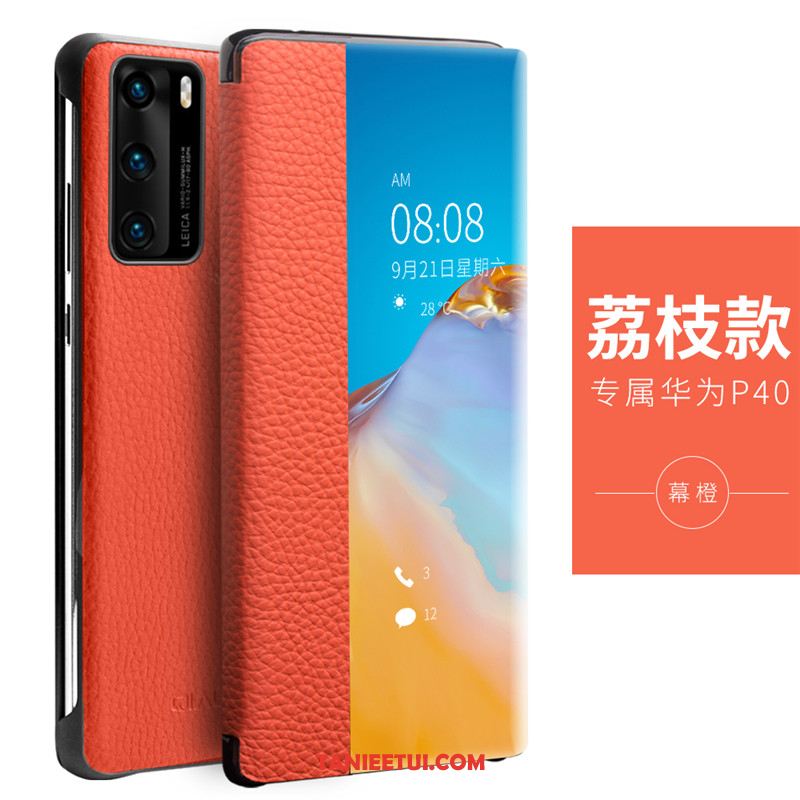 Etui Huawei P40 Wysoki Koniec Skóra Bydlęca Telefon Komórkowy, Futerał Huawei P40 Nowy Anti-fall Klapa Orange