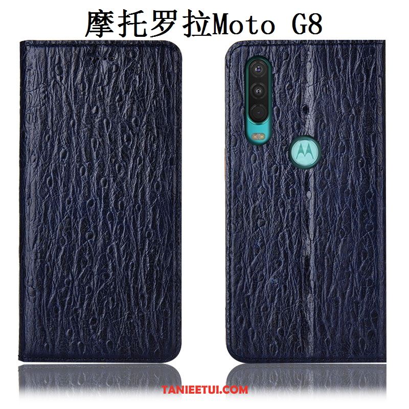 Etui Moto G8 Prawdziwa Skóra Telefon Komórkowy Ochraniacz, Futerał Moto G8 Anti-fall Ciemno Niebieski All Inclusive
