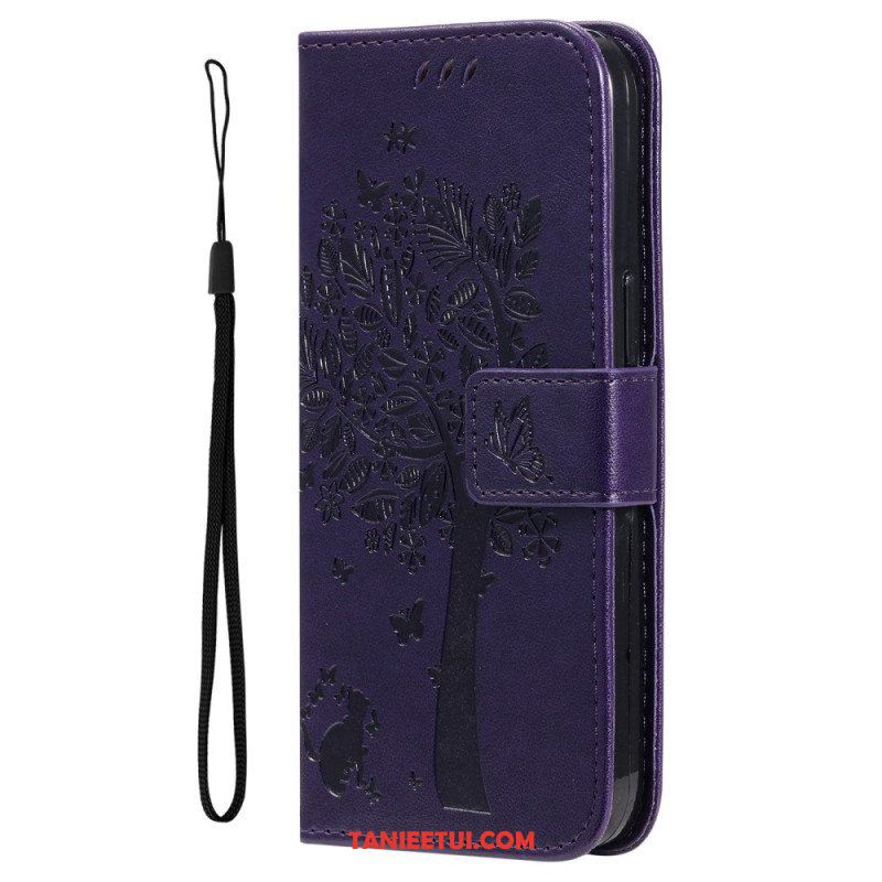 Etui Folio do Honor Magic 5 Lite z Łańcuch Drzewo I Pasiasty Kot