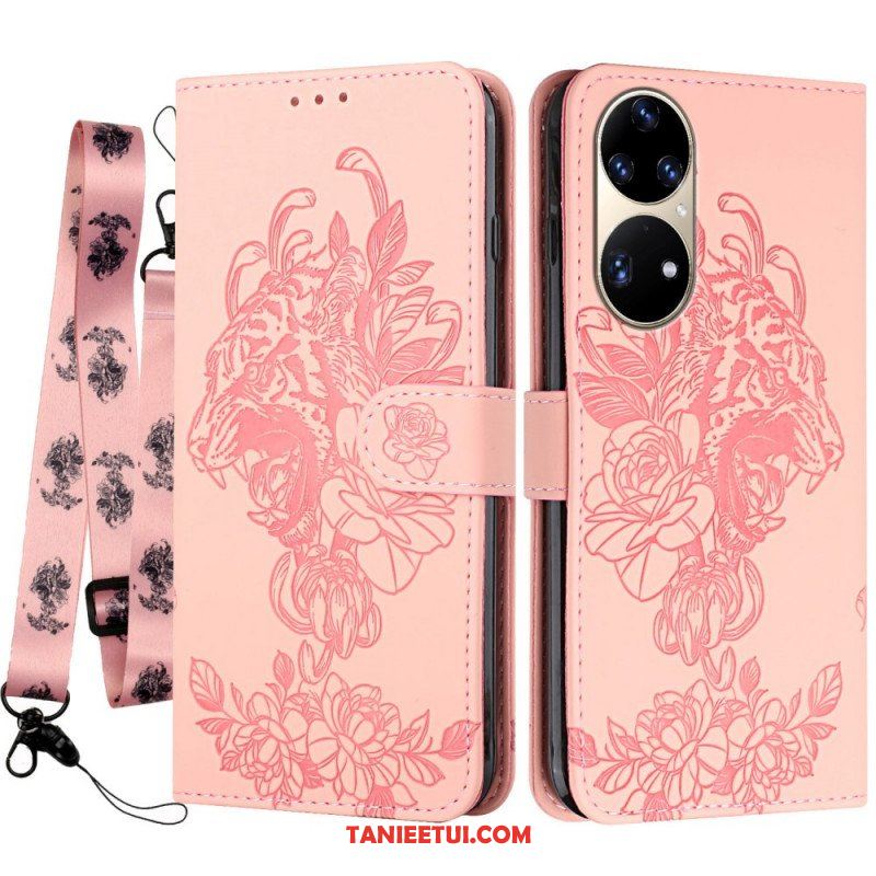 Etui Folio do Huawei P50 Pro z Łańcuch Barokowy Tygrys Z Paskami