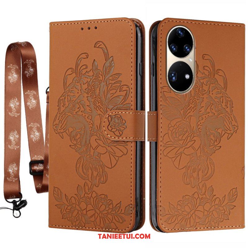 Etui Folio do Huawei P50 Pro z Łańcuch Barokowy Tygrys Z Paskami