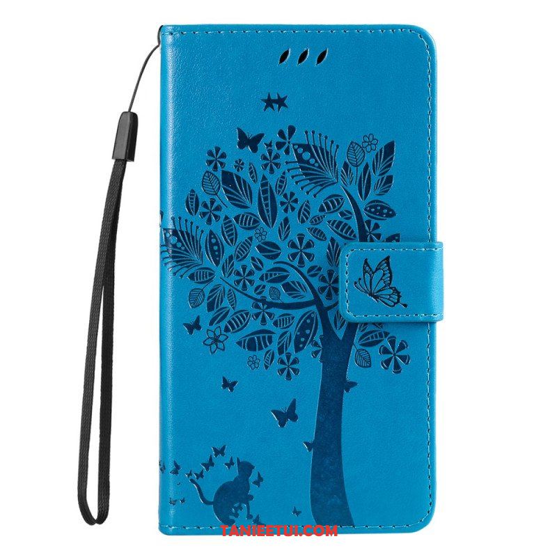 Etui Folio do Moto G73 5G z Łańcuch Drzewo I Pasiasty Kot