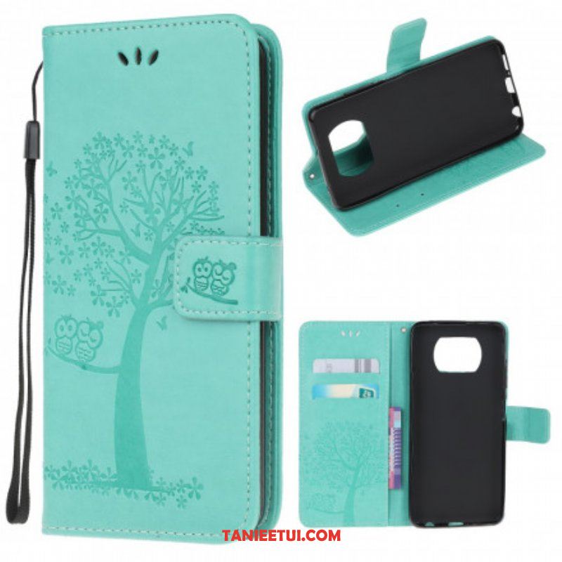 Etui Folio do Poco X3 / X3 Pro / X3 NFC z Łańcuch Drzewo Stringów I Sowy