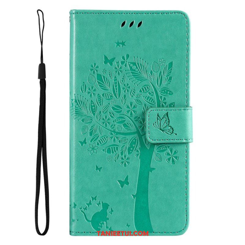 Etui Folio do Samsung Galaxy A14 / A14 5G z Łańcuch Drzewo I Pasiasty Kot