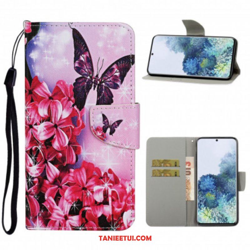 Etui Folio do Samsung Galaxy S21 Ultra 5G Smycz W Kwiaty Motyle