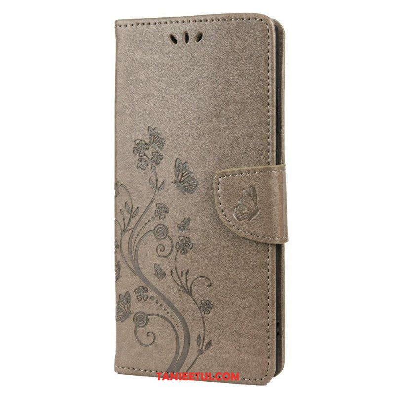 Etui Folio do Samsung Galaxy S22 Ultra 5G Motyle I Kwiaty Z Smyczem