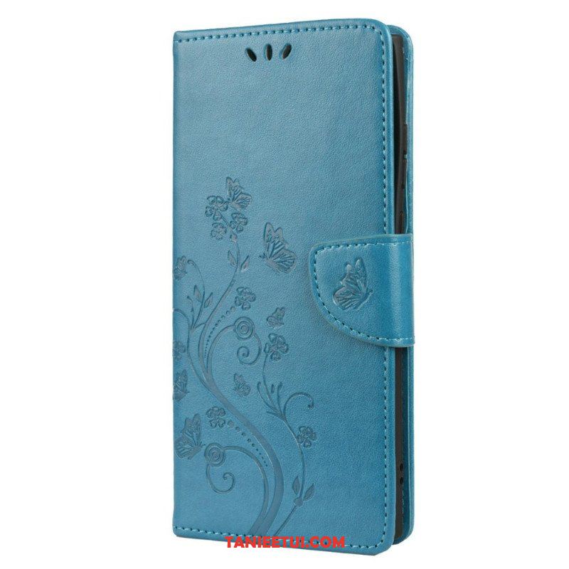 Etui Folio do Samsung Galaxy S22 Ultra 5G Motyle I Kwiaty Z Smyczem