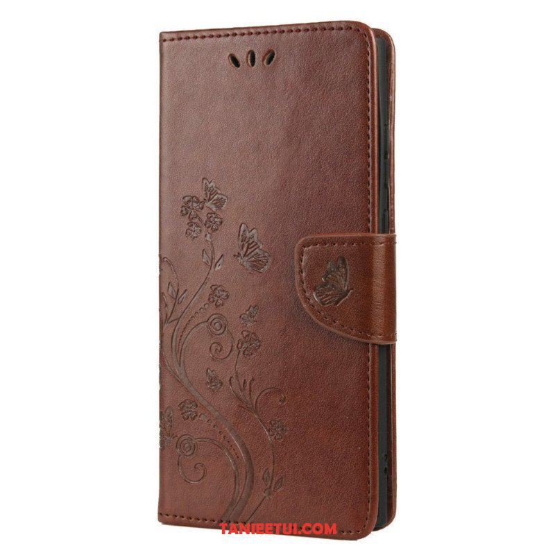 Etui Folio do Samsung Galaxy S22 Ultra 5G Motyle I Kwiaty Z Smyczem