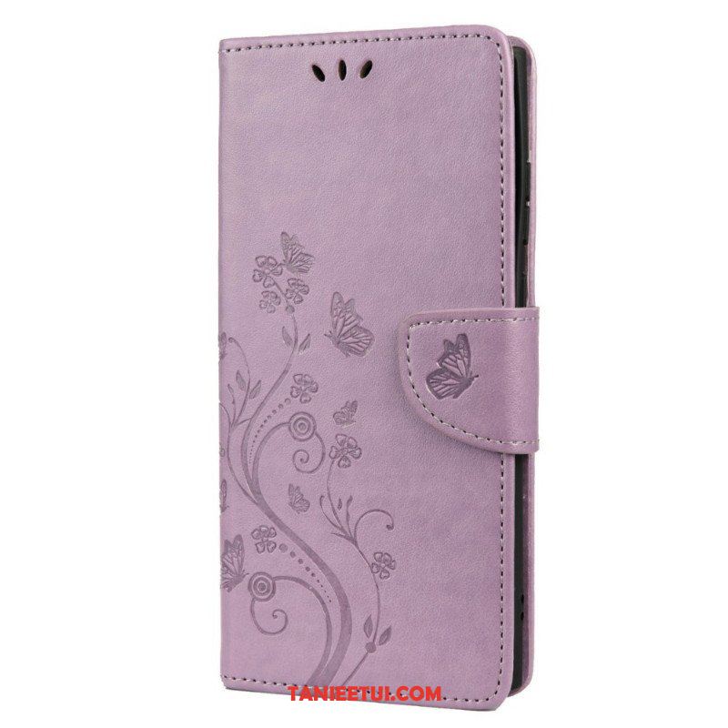 Etui Folio do Samsung Galaxy S22 Ultra 5G Motyle I Kwiaty Z Smyczem