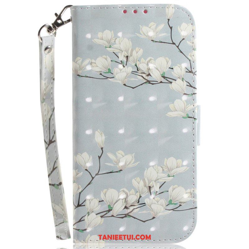Etui Folio do Xiaomi Redmi Note 12 5G z Łańcuch Paskowate Białe Kwiaty