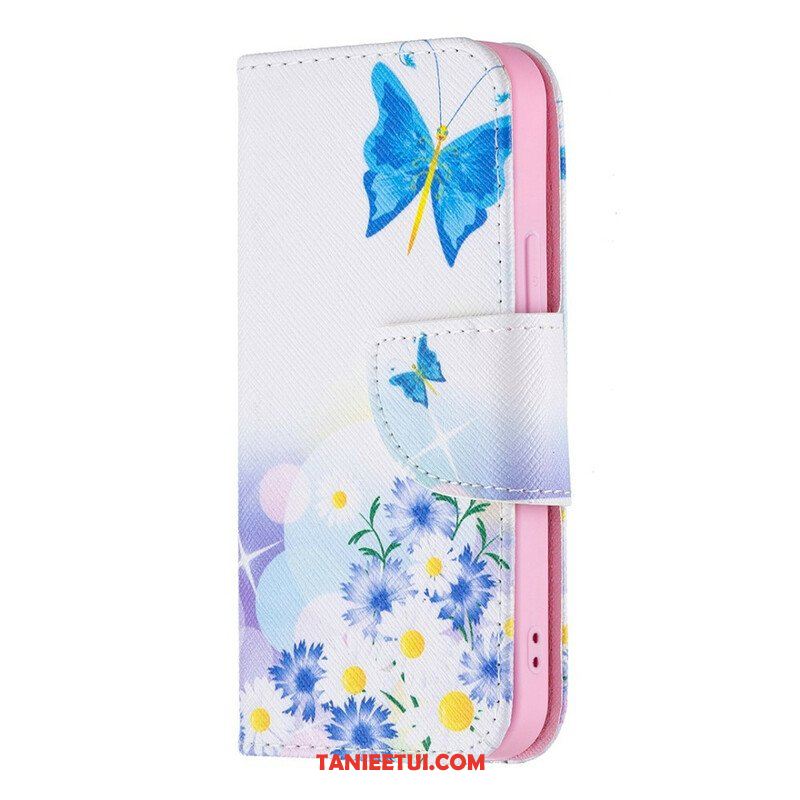 Etui Folio do iPhone 13 Mini Malowane Motyle I Kwiaty