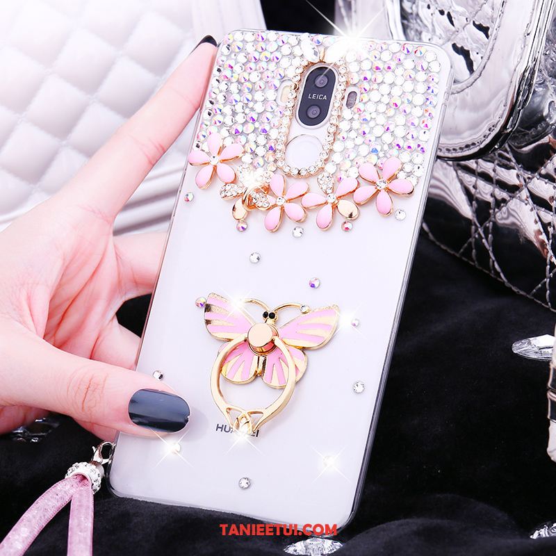 Etui Huawei Mate 9 Rhinestone Silikonowe Różowe, Pokrowce Huawei Mate 9 Kryształ Ring Wiszące Ozdoby