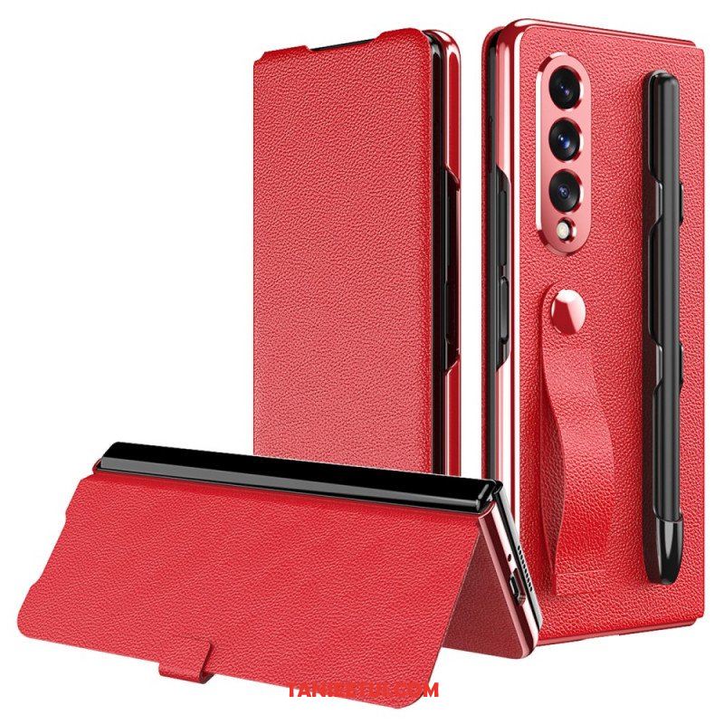 Etui Na Telefon do Samsung Galaxy Z Fold 3 5G Etui Folio Uchwyt I Pasek Ze Skóry Litchi W Stylu Litchi