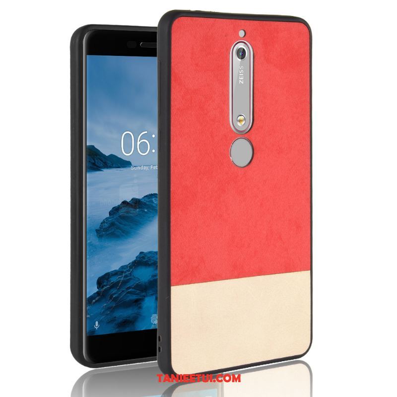 Etui Nokia 6.1 Skóra Ochraniacz Telefon Komórkowy, Obudowa Nokia 6.1 Miękki Denim Czerwony