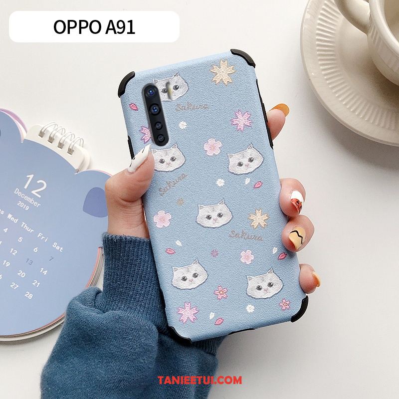 Etui Oppo A91 Kwiaty Skórzany Futerał Anti-fall, Obudowa Oppo A91 Kreatywne Silikonowe Niebieski