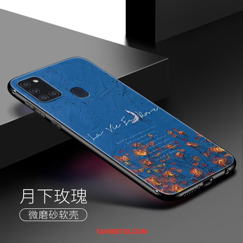 Etui Samsung Galaxy A21s Niebieski Miękki Nubuku, Futerał Samsung Galaxy A21s Obraz Olejny Telefon Komórkowy Kolor