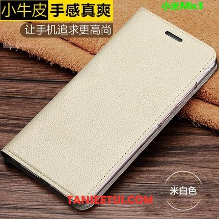 Etui Xiaomi Mi Mix 3 Wzór Czerwony Prawdziwa Skóra, Obudowa Xiaomi Mi Mix 3 Mały Ochraniacz Litchi Beige