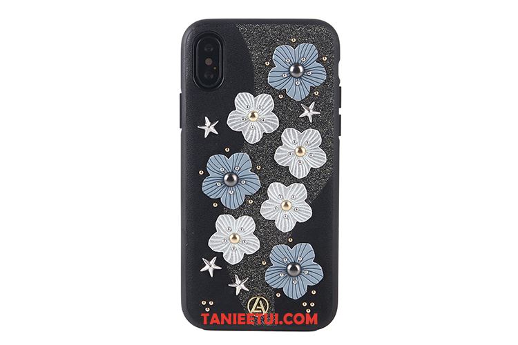 Etui iPhone X Czarny Kwiaty Ochraniacz, Futerał iPhone X Kwiaty Proszek Niebieski