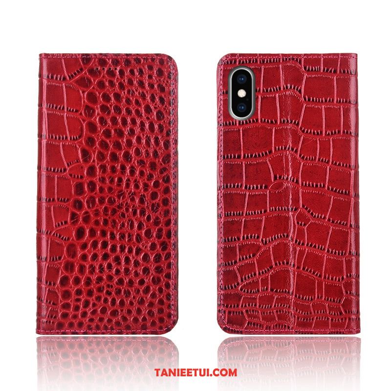 Etui iPhone Xs All Inclusive Klapa Niebieski, Futerał iPhone Xs Wzór Krokodyla Prawdziwa Skóra Ochraniacz Braun