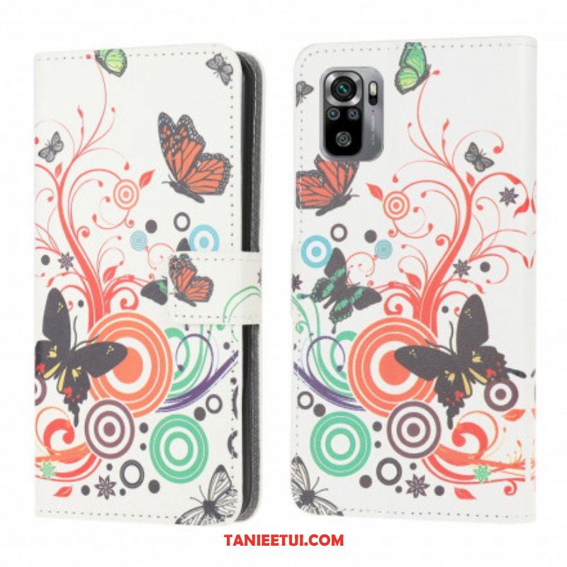 Skórzany Futerał do Xiaomi Redmi Note 10 / 10S Motyle I Kwiaty