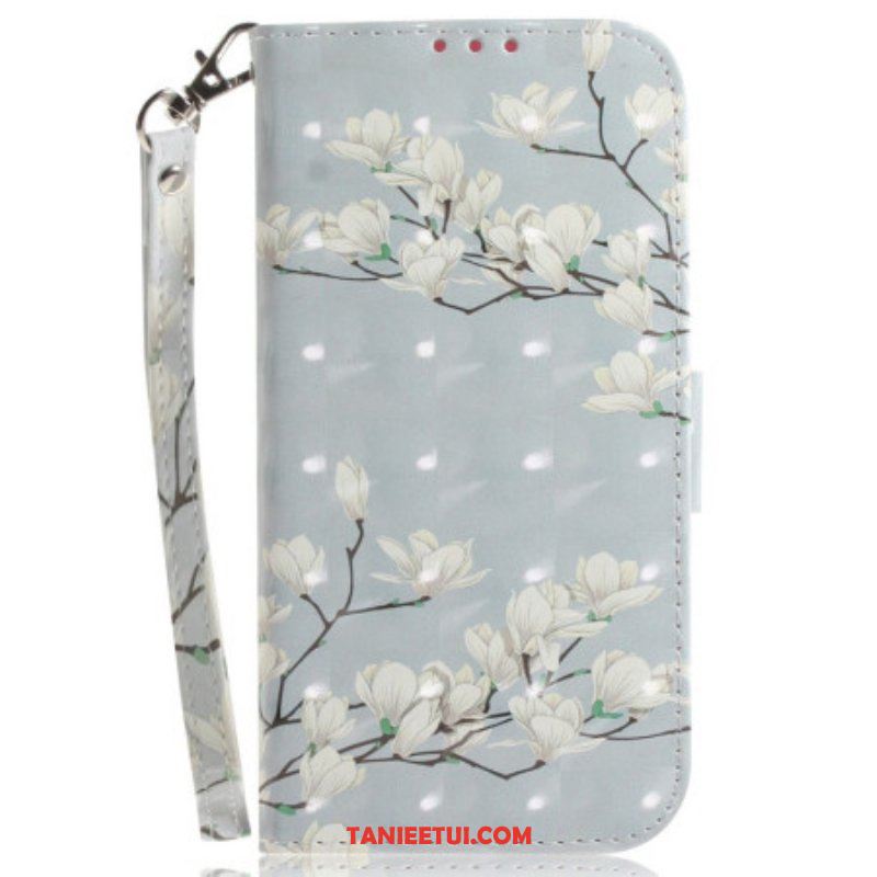 Etui Folio do OnePlus Nord 2T 5G z Łańcuch Kwiaty Magnolii W Paski