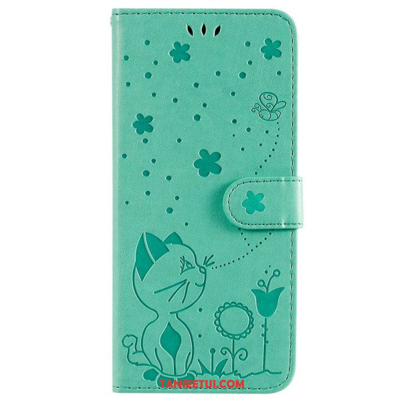 Etui Folio do Samsung Galaxy A14 / A14 5G z Łańcuch Pasiasty Kot I Pszczoły
