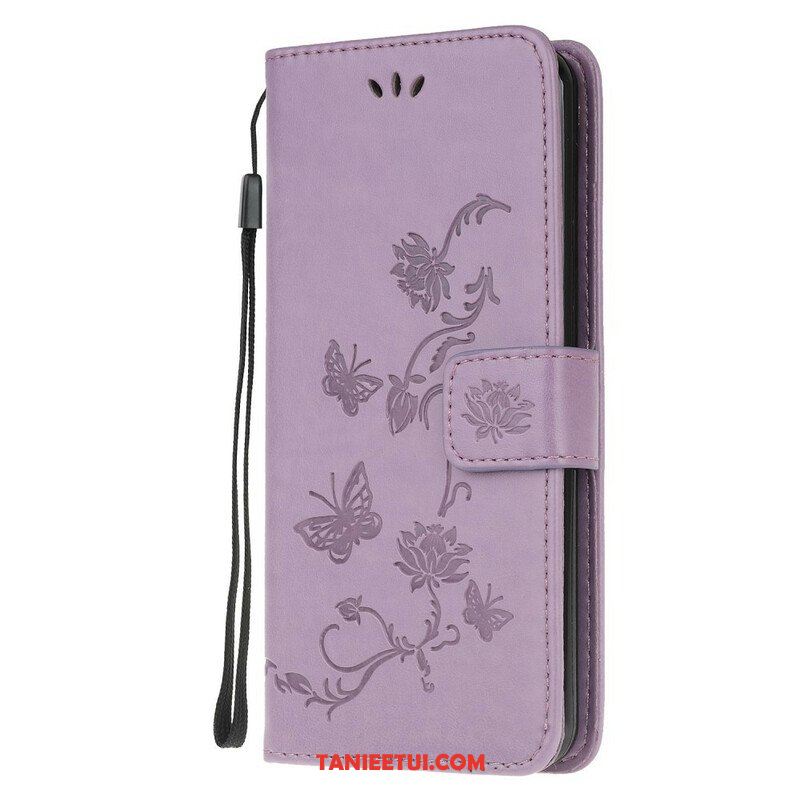 Etui Folio do Samsung Galaxy A42 5G z Łańcuch Stringi Motyle I Kwiaty