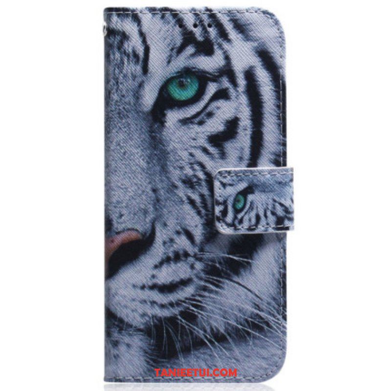 Etui Folio do Samsung Galaxy M13 z Łańcuch Pasiasty Biały Tygrys