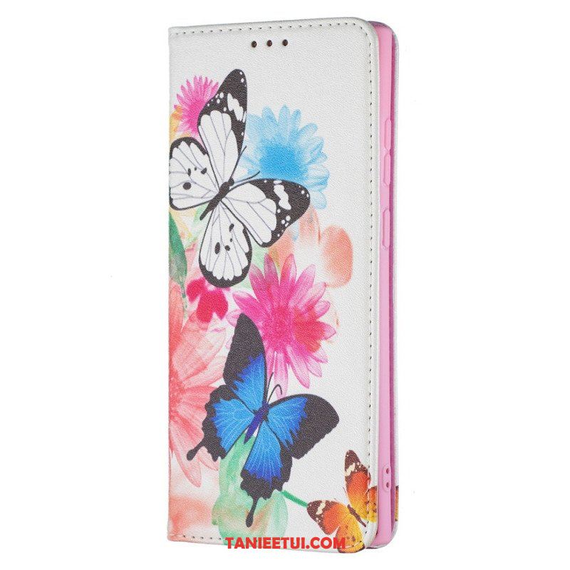 Etui Folio do Samsung Galaxy S22 Ultra 5G Malowane Motyle I Kwiaty