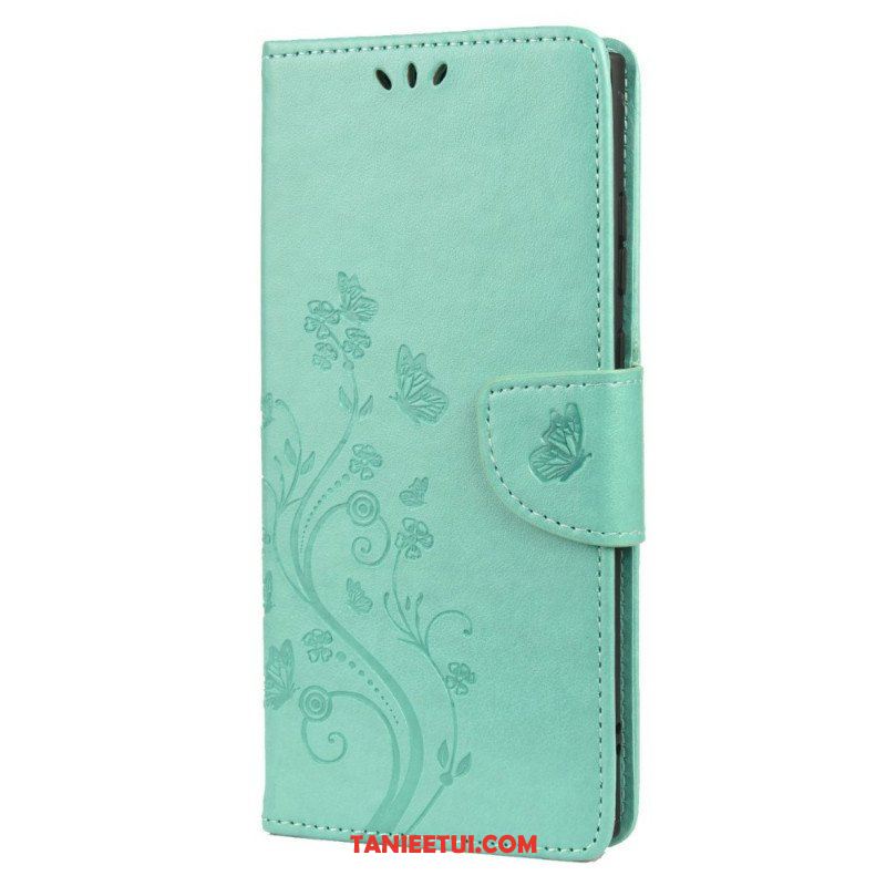 Etui Folio do Samsung Galaxy S22 Ultra 5G Motyle I Kwiaty Z Smyczem