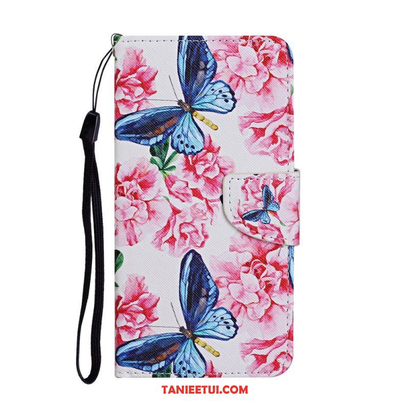 Etui Folio do Samsung Galaxy S22 Ultra 5G Smycz W Kwiaty Motyle